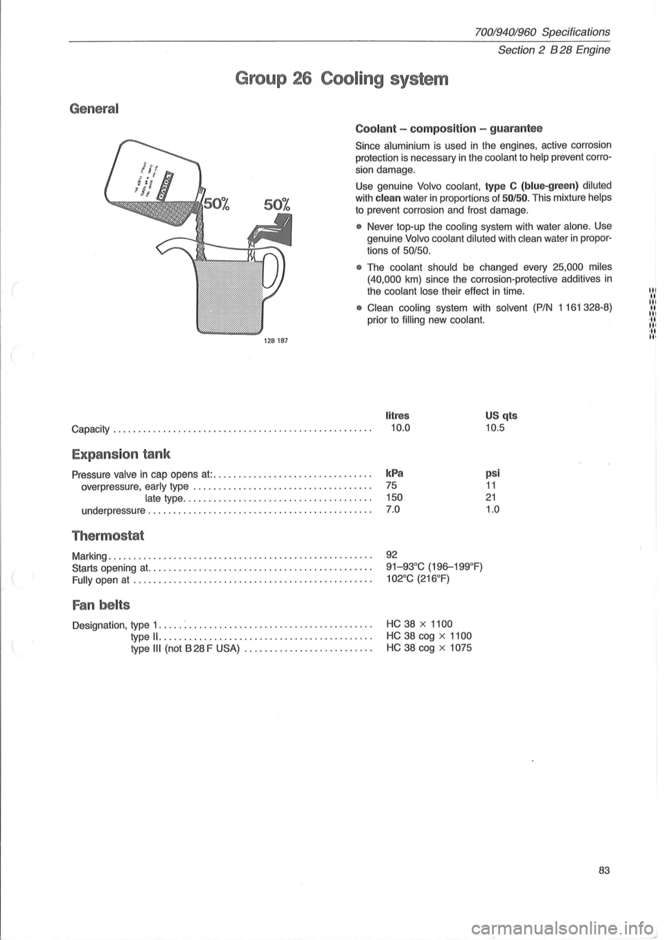 VOLVO 960 1982 Service Repair Manual (
General
70019401960 Specifications
Section
2 B 28 Engine
Group 26 Cooling system
128187
Coolant -composition -guarantee
Since aluminium is used in the engines, active corrosion
protect VOLVO 960 1982 Service Repair Manual (
General
70019401960 Specifications
Section
2 B 28 Engine
Group 26 Cooling system
128187
Coolant -composition -guarantee
Since aluminium is used in the engines, active corrosion
protect