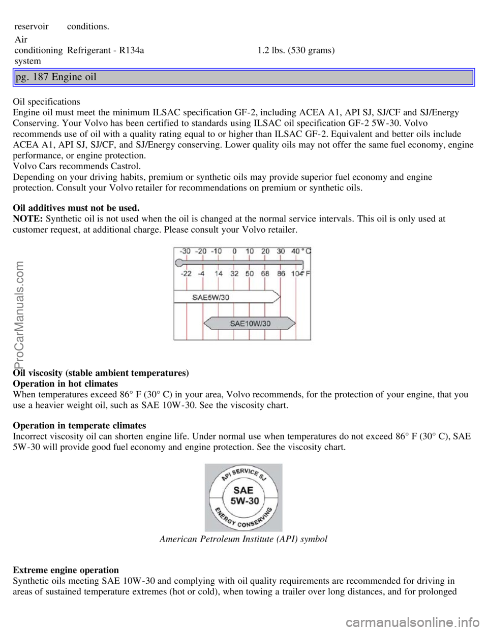VOLVO S40 2005  Owners Manual reservoirconditions.
Air
conditioning
systemRefrigerant - R134a
1.2 lbs. (530 grams)
pg. 187 Engine oil
Oil specifications
Engine oil must  meet  the minimum ILSAC specification GF-2, including ACEA A