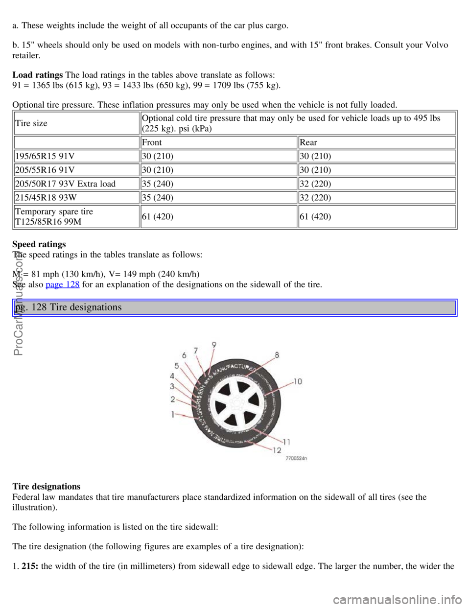 VOLVO S40 2005  Owners Manual a.  These weights include  the weight of all occupants of the car plus cargo.
b. 15" wheels should only be  used on models with non-turbo engines, and  with 15" front  brakes. Consult your Volvo
retai