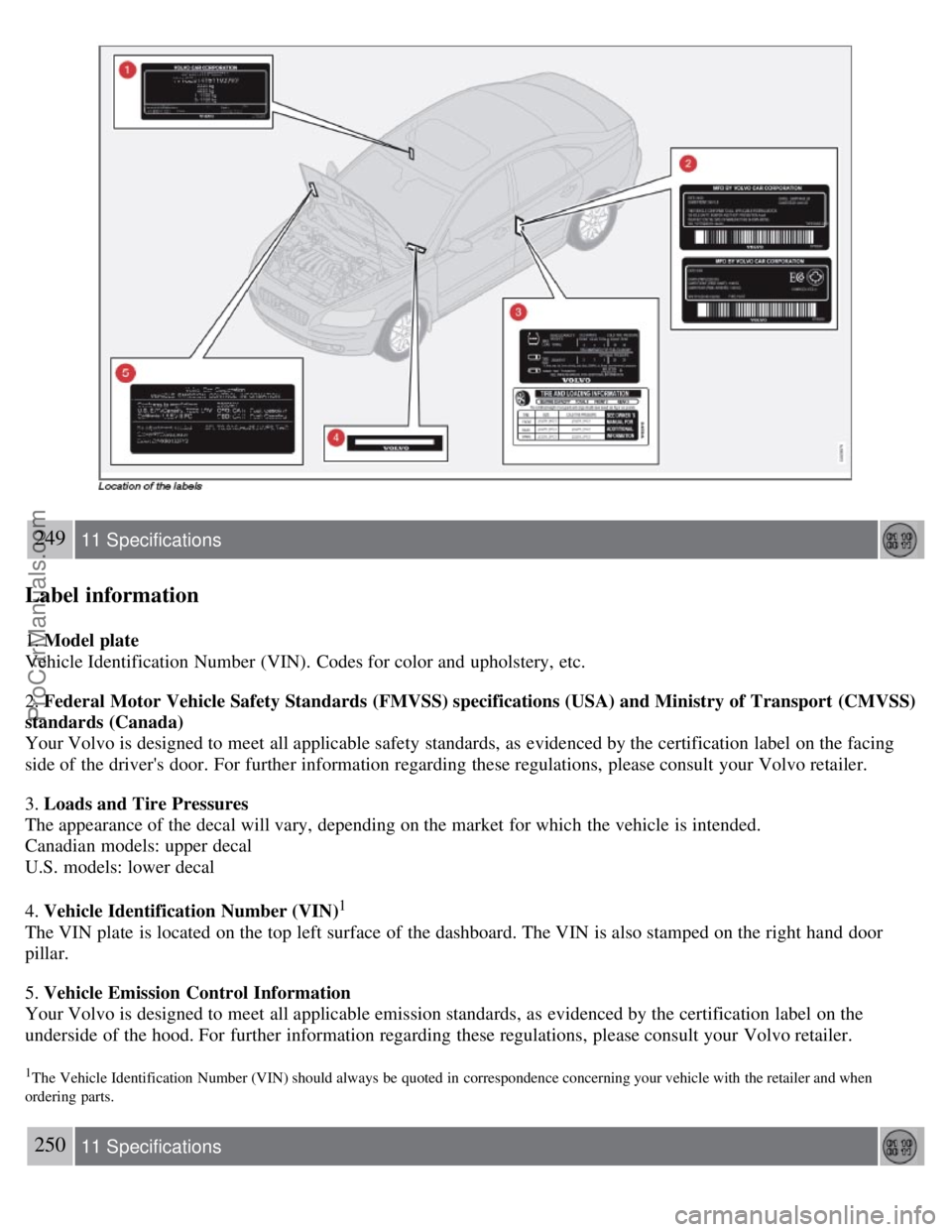VOLVO S40 2008  Owners Manual 249 11 Specifications
Label information
1. Model plate
Vehicle Identification Number (VIN).  Codes for color and  upholstery, etc.
2. Federal Motor Vehicle Safety Standards (FMVSS) specifications (USA