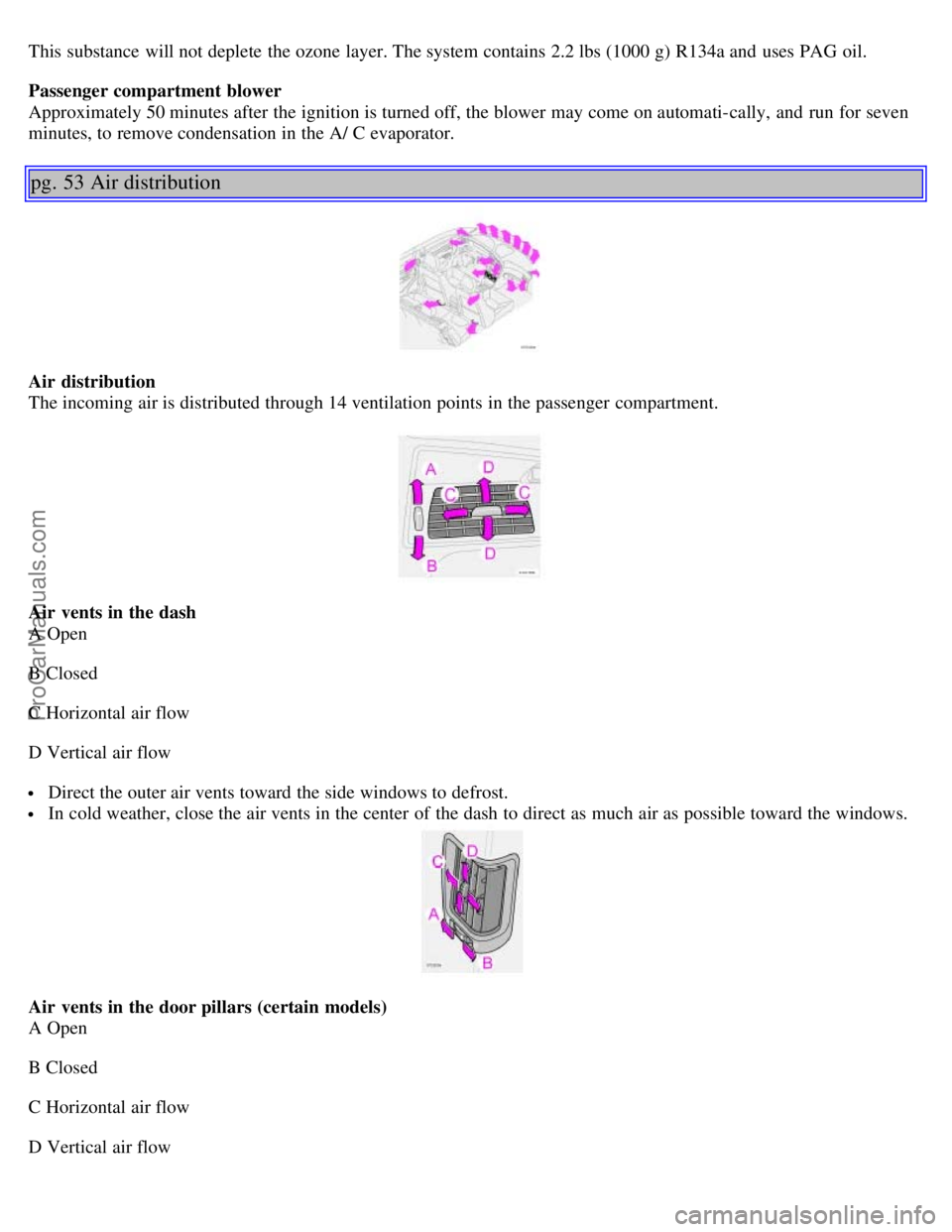 VOLVO S60 2001  Owners Manual This substance will not deplete the ozone layer. The system contains 2.2 lbs (1000 g) R134a and  uses PAG  oil.
Passenger compartment blower
Approximately 50 minutes after the ignition is turned off, 