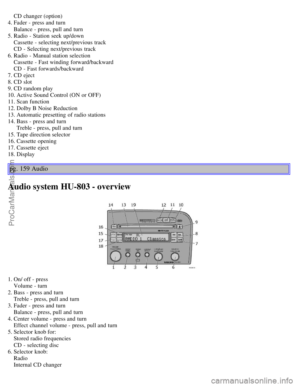 VOLVO S60 2004  Owners Manual     CD changer (option) 
4. Fader - press and  turn
    Balance - press, pull and  turn
5. Radio - Station seek up/down
    Cassette - selecting next/previous  track
    CD - Selecting next/previous  