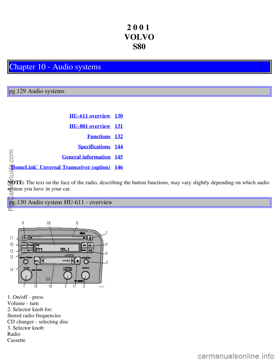 VOLVO S80 2001  Owners Manual 2 0 0 1 
VOLVO S80
Chapter 10 - Audio systems
pg.129 Audio systems
HU-611 overview130
HU-801 overview131
Functions132
Specifications144
General  information145
HomeLink¨  Unversal Transceiver (option