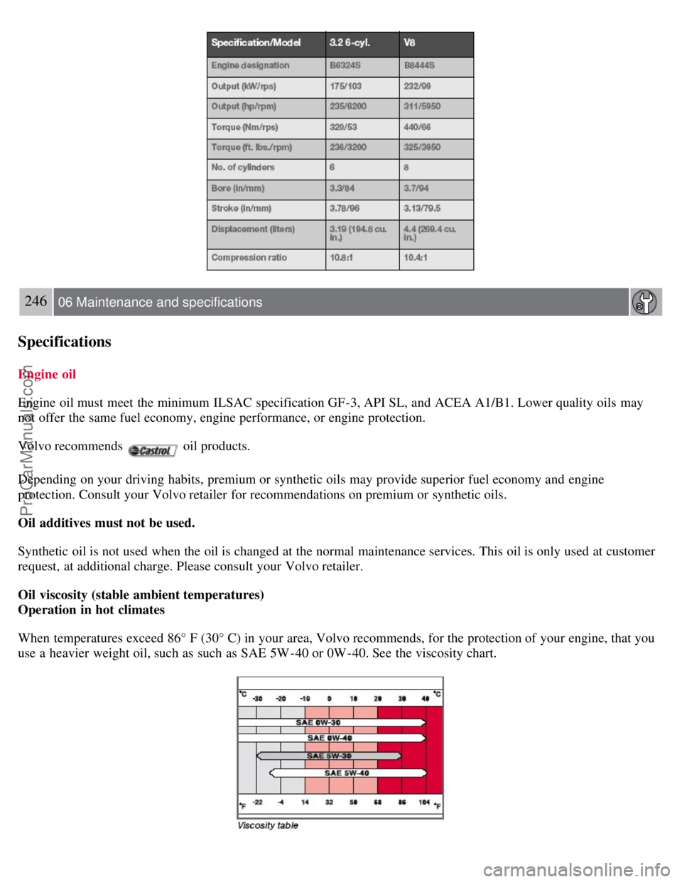 VOLVO S80 2007  Owners Manual 246 06 Maintenance and specifications
Specifications
Engine  oil
Engine oil must  meet  the minimum ILSAC specification GF-3, API SL, and  ACEA A1/B1. Lower quality oils  may
not offer  the same fuel 
