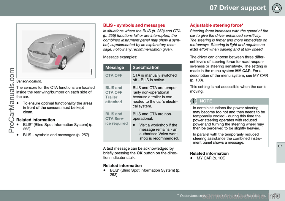VOLVO V60 2014 Owners Manual 07 Driver support
07
* Option/accessory, for more information, see Introduction.257
Sensor location.
The sensors for the CTA functions are located inside the rear wing/bumper on each side ofthe car.
VOLVO V60 2014 Owners Manual 07 Driver support
07
* Option/accessory, for more information, see Introduction.257
Sensor location.
The sensors for the CTA functions are located inside the rear wing/bumper on each side ofthe car.
