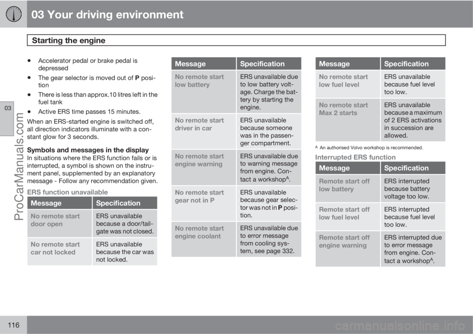 VOLVO V60 2013 Owners Manual 03 Your driving environment
Starting the engine
03
116
•Accelerator pedal or brake pedal is
depressed
•The gear selector is moved out of P posi-
tion
•There is less than approx.10 litres left i VOLVO V60 2013 Owners Manual 03 Your driving environment
Starting the engine
03
116
•Accelerator pedal or brake pedal is
depressed
•The gear selector is moved out of P posi-
tion
•There is less than approx.10 litres left i