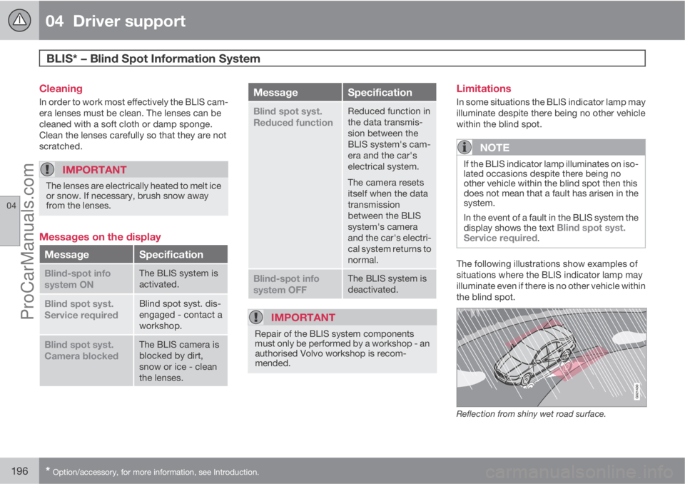 VOLVO V60 2013 Owners Manual 04 Driver support
BLIS* – Blind Spot Information System
04
196* Option/accessory, for more information, see Introduction.
Cleaning
In order to work most effectively the BLIS cam-
era lenses must b VOLVO V60 2013 Owners Manual 04 Driver support
BLIS* – Blind Spot Information System
04
196* Option/accessory, for more information, see Introduction.
Cleaning
In order to work most effectively the BLIS cam-
era lenses must b