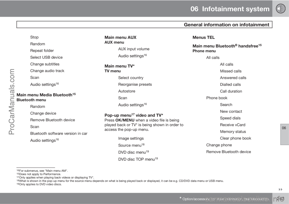 VOLVO V60 2013 Owners Manual 06 Infotainment system
General information on infotainment
06
* Option/accessory, for more information, see Introduction.243
Stop
Random
Repeat folder
Select USB device
Change subtitles
Change au VOLVO V60 2013 Owners Manual 06 Infotainment system
General information on infotainment
06
* Option/accessory, for more information, see Introduction.243
Stop
Random
Repeat folder
Select USB device
Change subtitles
Change au