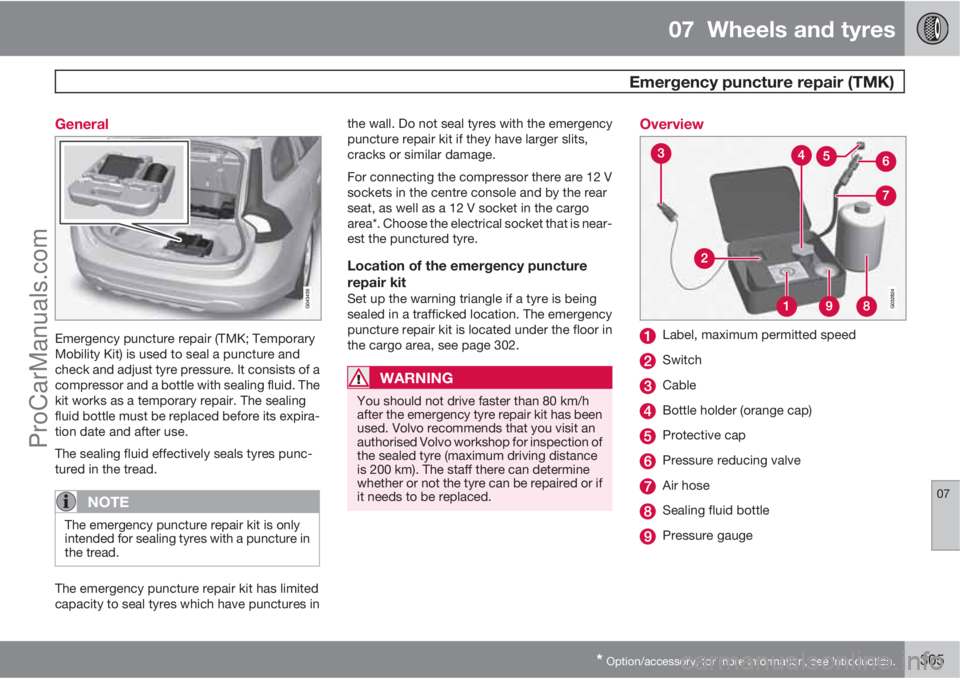 VOLVO V60 2012  Owners Manual 07  Wheels and tyres
  Emergency puncture repair (TMK)
07
* Option/accessory, for more information, see Introduction.305 General
Emergency puncture repair (TMK; Temporary
Mobility Kit) is used to seal