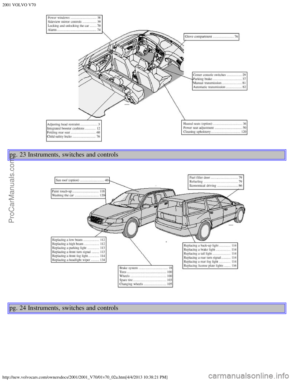 VOLVO V70 2001  Owners Manual 2001 VOLVO V70
http://new.volvocars.com/ownersdocs/2001/2001_V70/01v70_02a.htm[4/4/2013 10:38:21 PM]
pg. 23 Instruments, switches and controls
pg. 24 Instruments, switches and controls
ProCarManuals.c