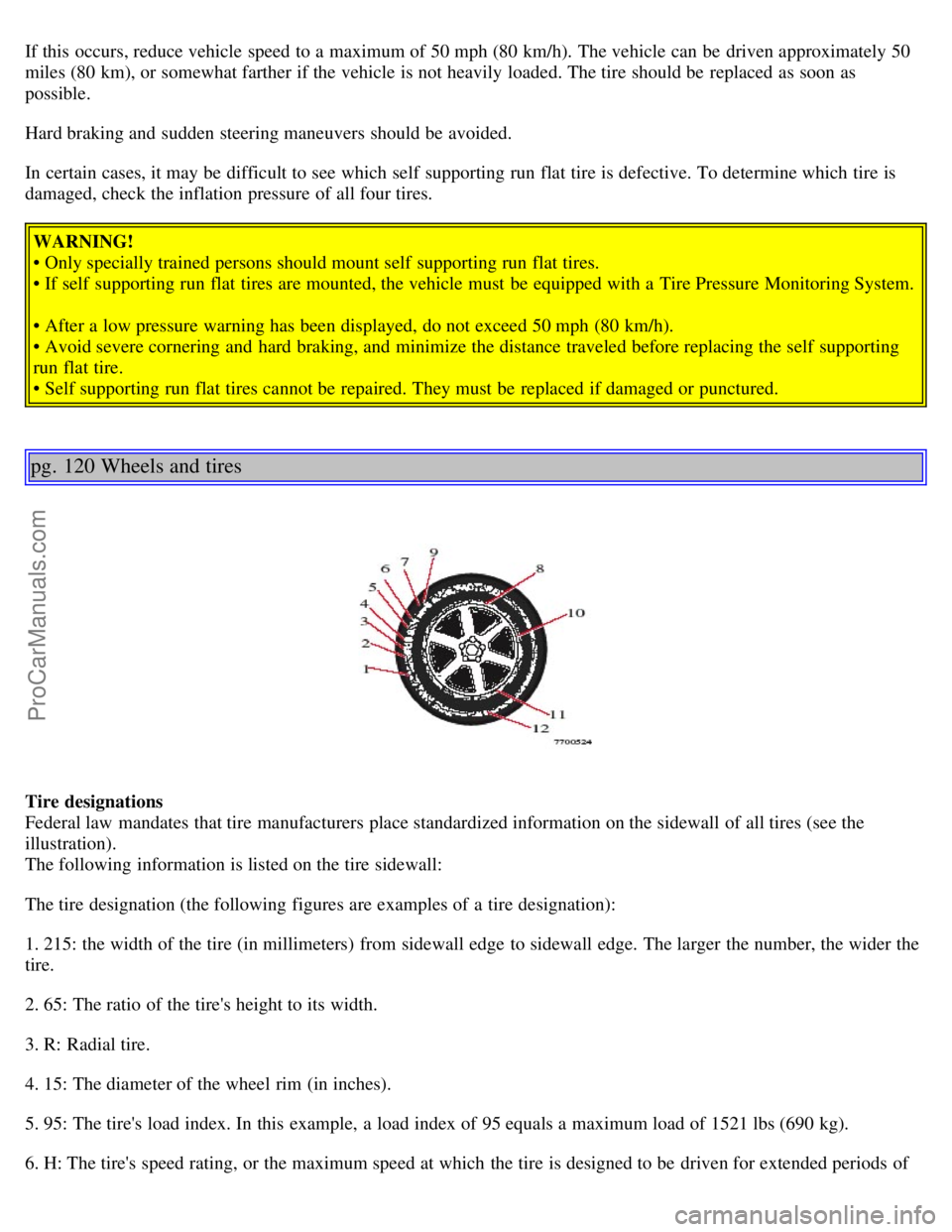 VOLVO V70 2005 Owners Manual If this occurs, reduce vehicle speed to a maximum of 50 mph (80 km/h). The vehicle can be driven approximately 50
miles (80 km), or somewhat farther if the vehicle is not heavily loaded. The tire VOLVO V70 2005 Owners Manual If this occurs, reduce vehicle speed to a maximum of 50 mph (80 km/h). The vehicle can be driven approximately 50
miles (80 km), or somewhat farther if the vehicle is not heavily loaded. The tire