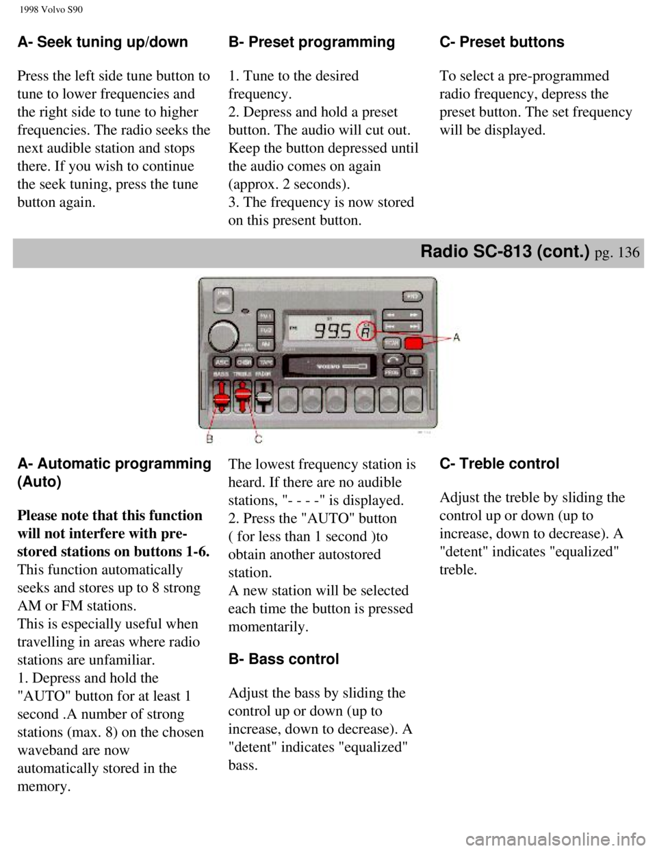 VOLVO V90 1998  Owners Manual 
1998 Volvo S90
A- Seek tuning up/down 
 
Press the left side tune button to 
tune to lower frequencies and 
the right side to tune to higher 
frequencies. The radio seeks the 
next audible station an