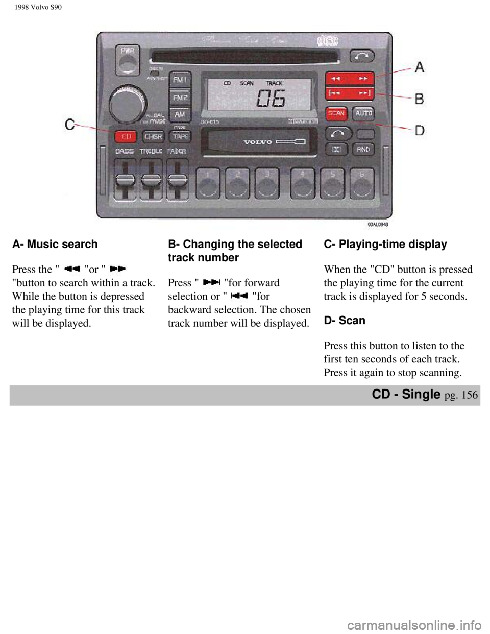VOLVO V90 1998  Owners Manual 
1998 Volvo S90
A- Music search 
 
Press the " 
 "or "  
"button to search within a track. 
While the button is depressed 
the playing time for this track 
will be displayed.  B- Changing the selected