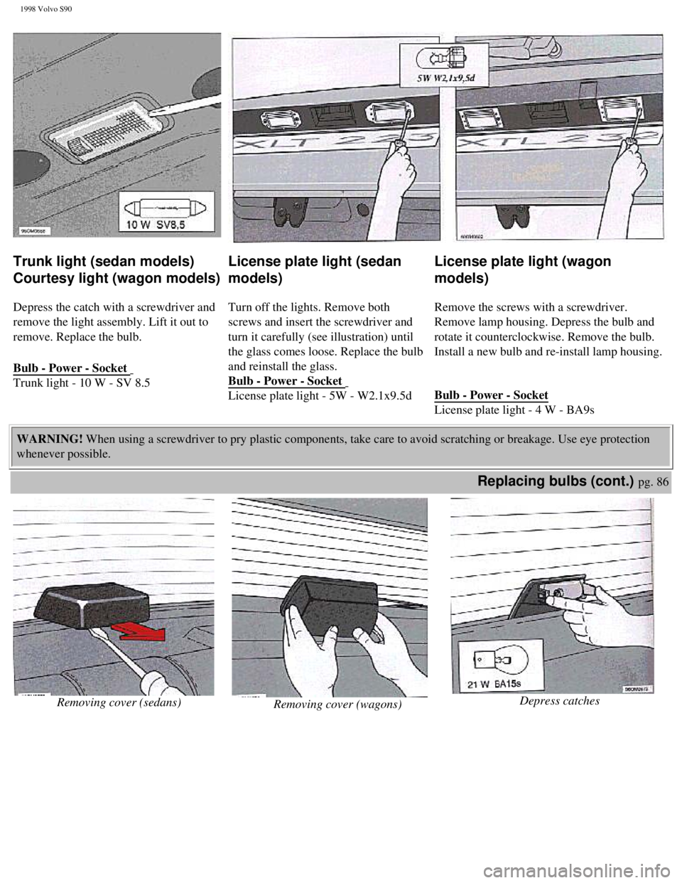VOLVO V90 1998  Owners Manual 
1998 Volvo S90
Trunk light (sedan models) 
Courtesy light (wagon models)
 
 
Depress the catch with a screwdriver and 
remove the light assembly. Lift it out to 
remove. Replace the bulb.  
Bulb - Po