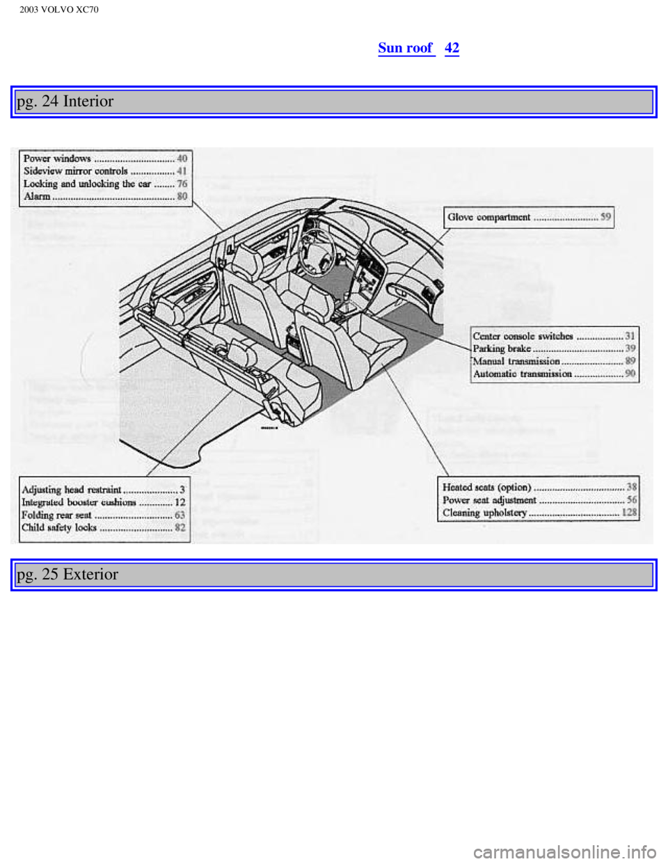 VOLVO XC70 2003  Owners Manual 
2003 VOLVO XC70
Sun roof 42
 
pg. 24 Interior 
 
 
 
pg. 25 Exterior 
 
 
file:///K|/ownersdocs/2003/2003_XC70/03xc70_02a.htm (2 of 13)12/30/200\
6 4:17:53 PM 