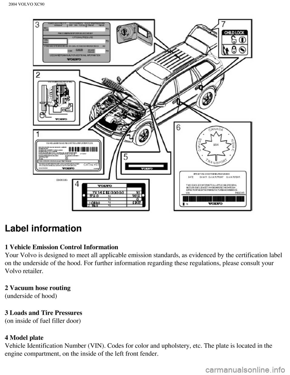 VOLVO XC90 2004  Owners Manual 
2004 VOLVO XC90
Label information 
1 Vehicle Emission Control Information 
Your Volvo is designed to meet all applicable emission standards, as evi\
denced by the certification label 
on the undersid