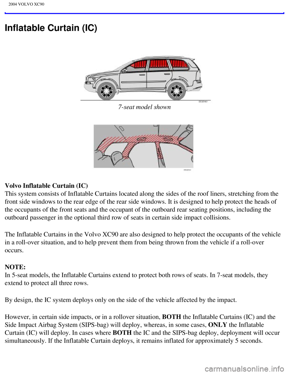 VOLVO XC90 2004  Owners Manual 
2004 VOLVO XC90
Inflatable Curtain (IC) 
 
7-seat model shown
Volvo Inflatable Curtain (IC) 
This system consists of Inflatable Curtains located along the sides of t\
he roof liners, stretching from 