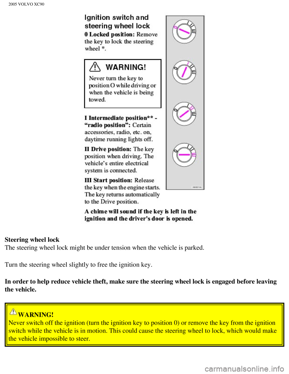 VOLVO XC90 2005  Owners Manual 
2005 VOLVO XC90
Steering wheel lock 
The steering wheel lock might be under tension when the vehicle is parke\
d.
Turn the steering wheel slightly to free the ignition key. 
In order to help reduce v