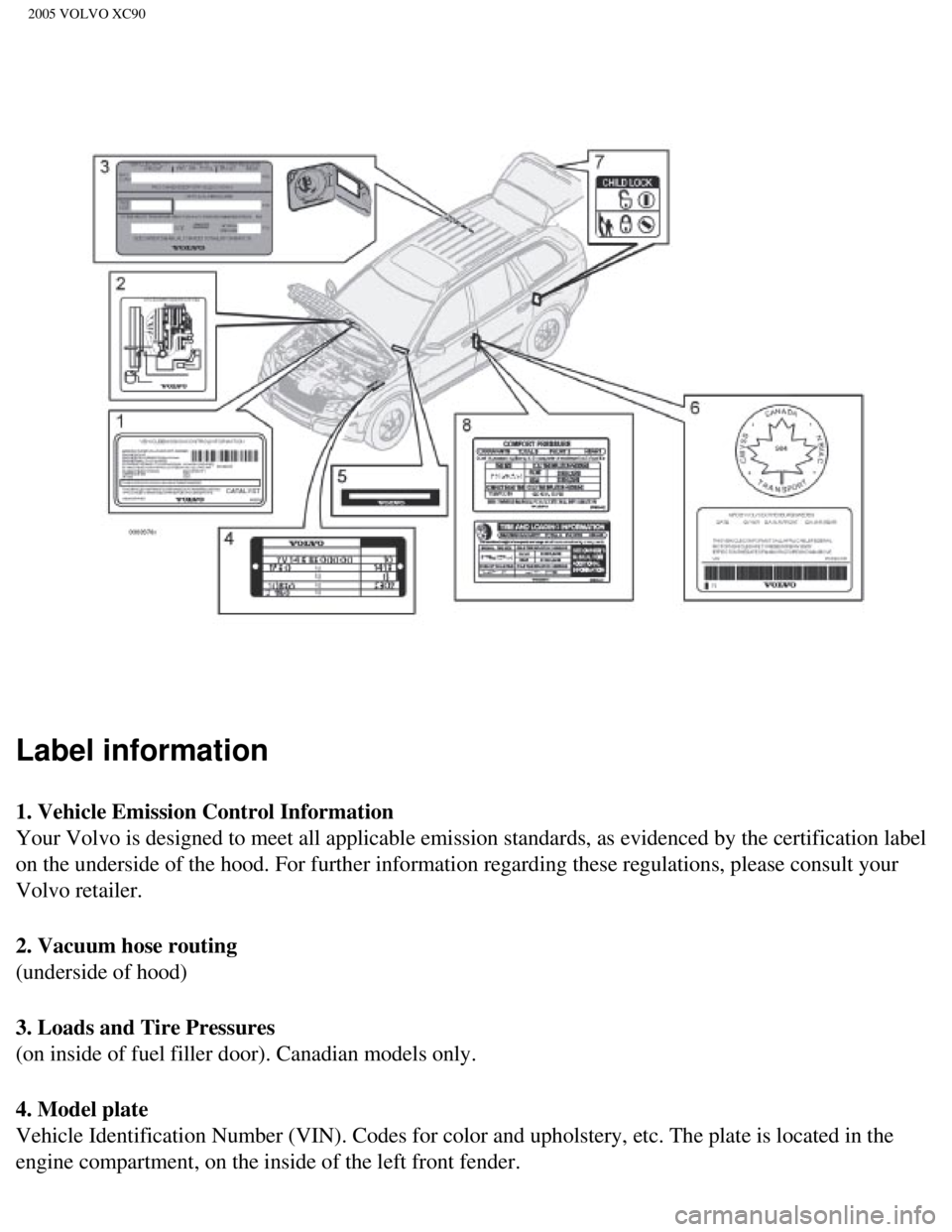 VOLVO XC90 2005  Owners Manual 
2005 VOLVO XC90
 
Label information 
1. Vehicle Emission Control Information 
Your Volvo is designed to meet all applicable emission standards, as evi\
denced by the certification label 
on the under