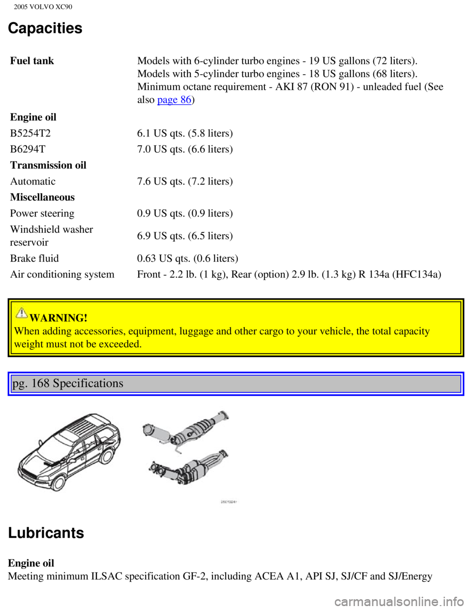 VOLVO XC90 2005  Owners Manual 
2005 VOLVO XC90
Capacities
Fuel tank Models with 6-cylinder turbo engines - 19 US gallons (72 liters).  
Models with 5-cylinder turbo engines - 18 US gallons (68 liters).  
Minimum octane requirement
