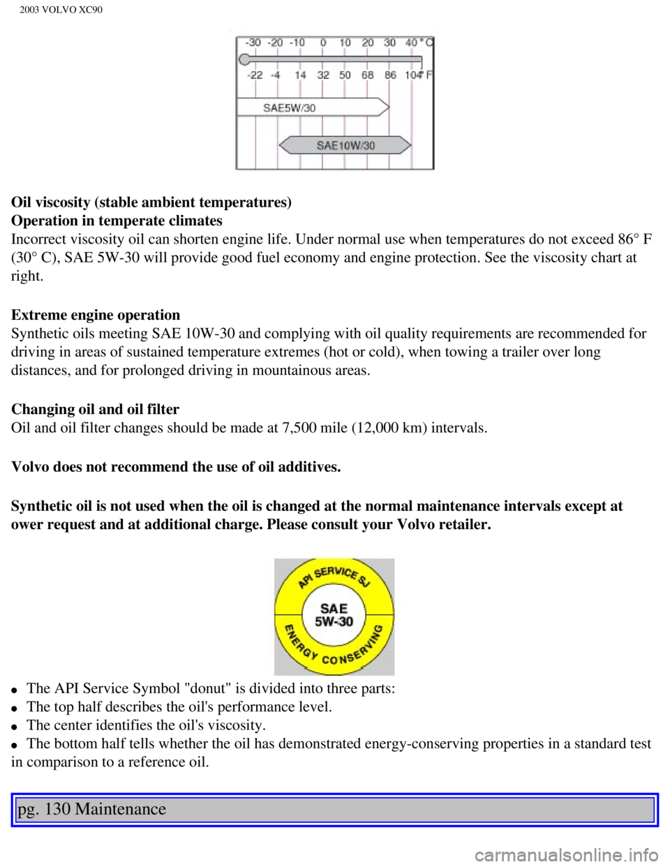 VOLVO XC90 2003  Owners Manual 
2003 VOLVO XC90
Oil viscosity (stable ambient temperatures) 
Operation in temperate climates 
Incorrect viscosity oil can shorten engine life. Under normal use when t\
emperatures do not exceed 86° 