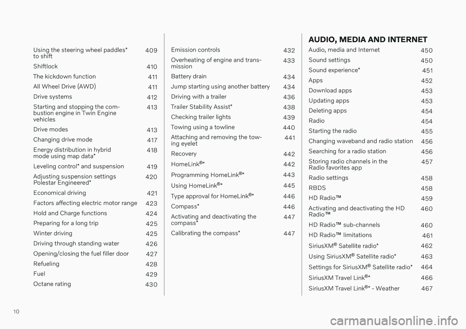 VOLVO S60 TWIN ENGINE 2020 Owners Manual 10
Using the steering wheel paddles*
to shift 409
Shiftlock 410
The kickdown function 411
All Wheel Drive (AWD) 411
Drive systems 412
Starting and stopping the com- bustion engine in Twin Enginevehi VOLVO S60 TWIN ENGINE 2020 Owners Manual 10
Using the steering wheel paddles*
to shift 409
Shiftlock 410
The kickdown function 411
All Wheel Drive (AWD) 411
Drive systems 412
Starting and stopping the com- bustion engine in Twin Enginevehi