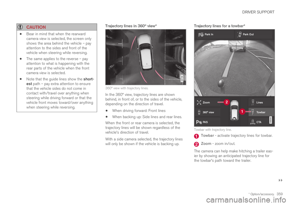 VOLVO S60 TWIN ENGINE 2019  Owners Manual DRIVER SUPPORT
}}
* Option/accessory.359

CAUTION
Bear in mind that when the rearwardcamera view is selected, the screen onlyshows the area behind the vehicle – payattention to the sides and front o
