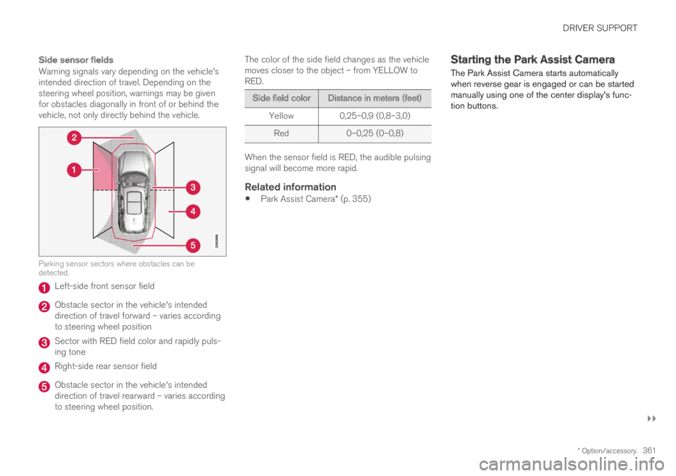 VOLVO S60 TWIN ENGINE 2019 Owners Manual DRIVER SUPPORT
}}
* Option/accessory.361
Side sensor fields
Warning signals vary depending on the vehicle'sintended direction of travel. Depending on thesteering wheel position, warnings may be g VOLVO S60 TWIN ENGINE 2019 Owners Manual DRIVER SUPPORT
}}
* Option/accessory.361
Side sensor fields
Warning signals vary depending on the vehicle'sintended direction of travel. Depending on thesteering wheel position, warnings may be g