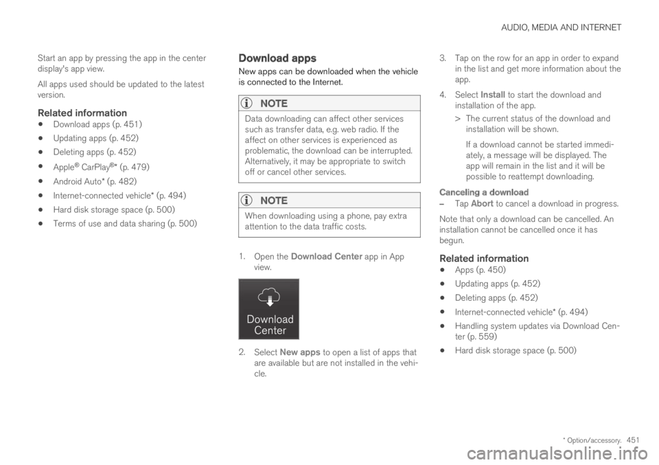 VOLVO S60 TWIN ENGINE 2019 Owners Manual AUDIO, MEDIA AND INTERNET
* Option/accessory.451
Start an app by pressing the app in the centerdisplay's app view.
All apps used should be updated to the latestversion.
Related information
Downlo VOLVO S60 TWIN ENGINE 2019 Owners Manual AUDIO, MEDIA AND INTERNET
* Option/accessory.451
Start an app by pressing the app in the centerdisplay's app view.
All apps used should be updated to the latestversion.
Related information
Downlo