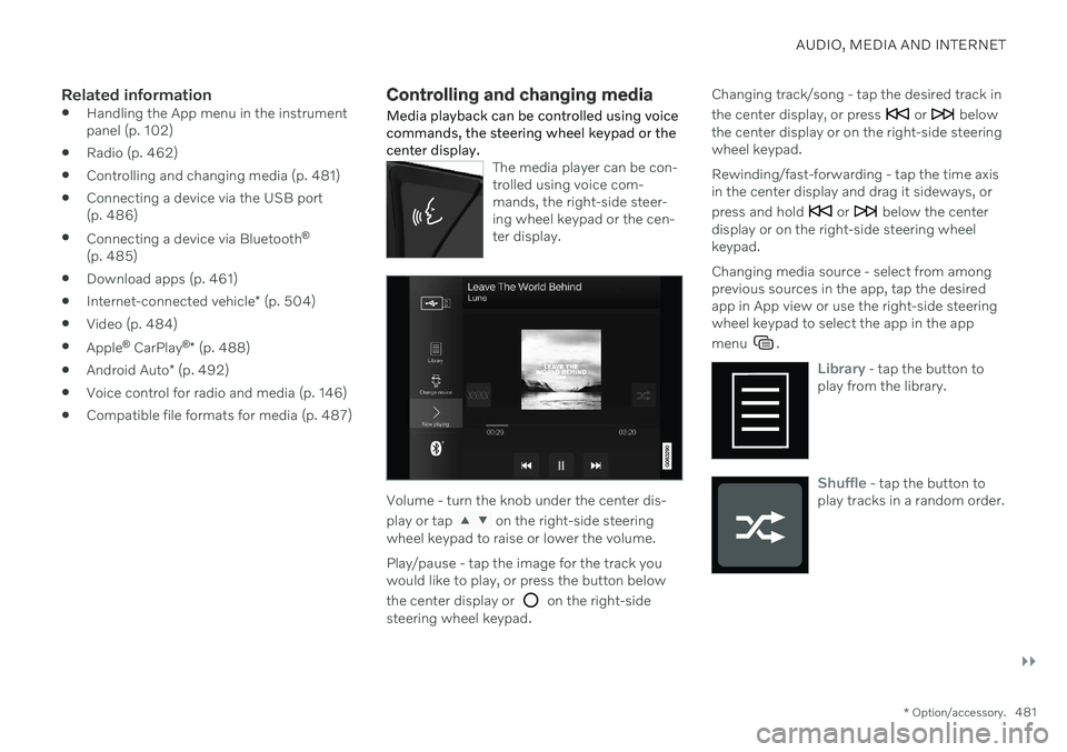 VOLVO V60 TWIN ENGINE 2020 Owners Manual AUDIO, MEDIA AND INTERNET
}}
* Option/accessory.481
Related information
Handling the App menu in the instrument panel (p. 102)
Radio (p. 462)
Controlling and changing media (p. 481)
Connecting a de VOLVO V60 TWIN ENGINE 2020 Owners Manual AUDIO, MEDIA AND INTERNET
}}
* Option/accessory.481
Related information
Handling the App menu in the instrument panel (p. 102)
Radio (p. 462)
Controlling and changing media (p. 481)
Connecting a de