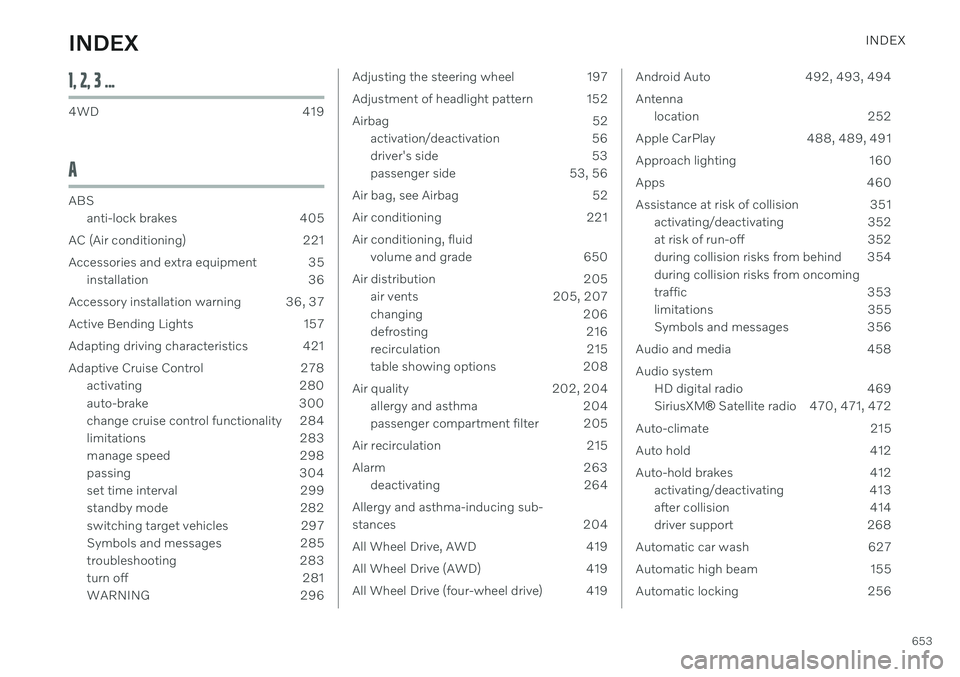 VOLVO V60 TWIN ENGINE 2020 Owners Manual INDEX
653
1, 2, 3 ...
4WD 419
A
ABSanti-lock brakes 405
AC (Air conditioning) 221
Accessories and extra equipment 35 installation 36
Accessory installation warning 36, 37
Active Bending Lights 157
Ad VOLVO V60 TWIN ENGINE 2020 Owners Manual INDEX
653
1, 2, 3 ...
4WD 419
A
ABSanti-lock brakes 405
AC (Air conditioning) 221
Accessories and extra equipment 35 installation 36
Accessory installation warning 36, 37
Active Bending Lights 157
Ad