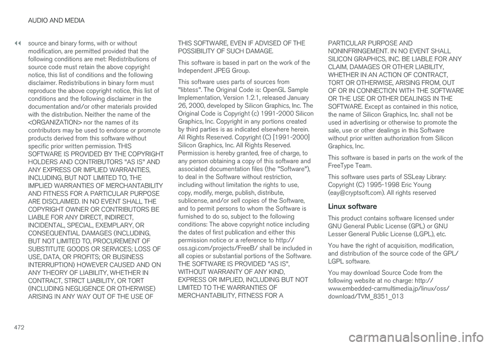 VOLVO V90 2017 Owners Manual ||
AUDIO AND MEDIA
472source and binary forms, with or without modification, are permitted provided that thefollowing conditions are met: Redistributions ofsource code must retain the above copyrightn VOLVO V90 2017 Owners Manual ||
AUDIO AND MEDIA
472source and binary forms, with or without modification, are permitted provided that thefollowing conditions are met: Redistributions ofsource code must retain the above copyrightn