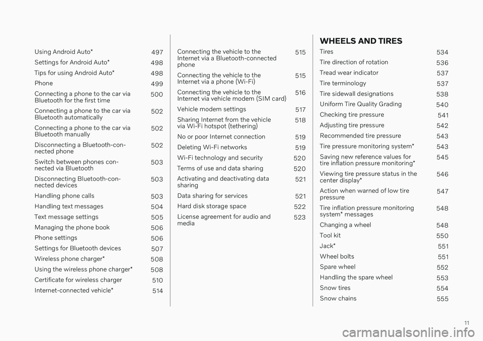 VOLVO V90 CROSS COUNTRY 2021  Owners Manual 11
 
Using Android Auto*
497
Settings for Android Auto *
498
Tips for using Android Auto *
498
Phone 499
Connecting a phone to the car via Bluetooth for the first time 500
Connecting a phone to the ca