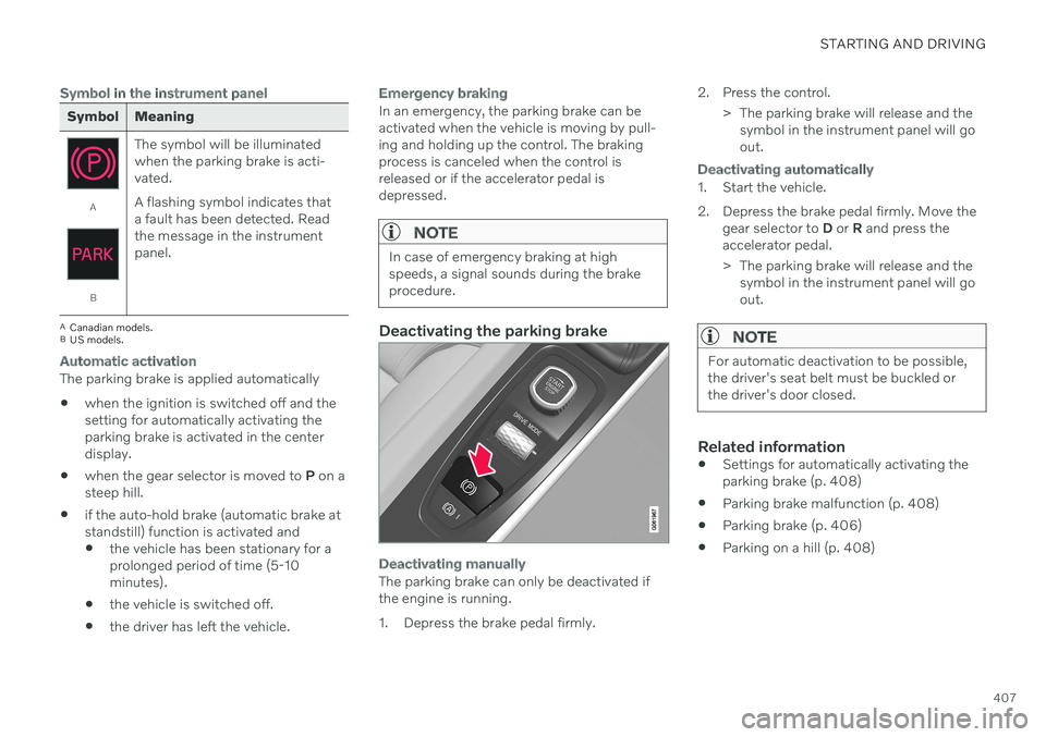VOLVO V90 CROSS COUNTRY 2021  Owners Manual STARTING AND DRIVING
407
Symbol in the instrument panel
Symbol Meaning
A
BThe symbol will be illuminated when the parking brake is acti-vated. A flashing symbol indicates that a fault has been detecte