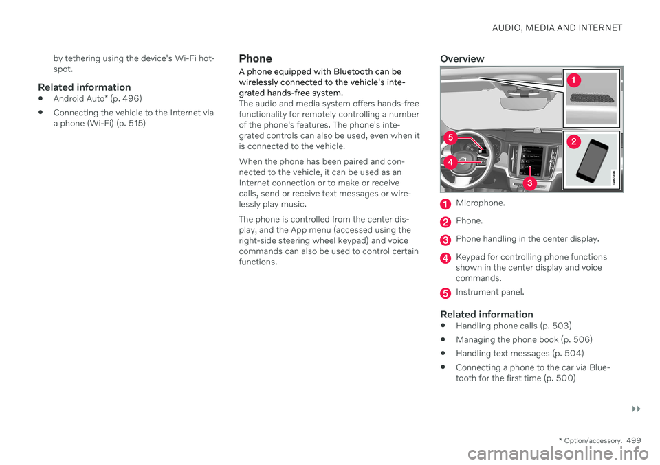 VOLVO V90 CROSS COUNTRY 2021 Owners Manual AUDIO, MEDIA AND INTERNET
}}
* Option/accessory.499
by tethering using the device's Wi-Fi hot- spot.
Related information
Android Auto
* (p. 496)
Connecting the vehicle to the Internet viaa phone VOLVO V90 CROSS COUNTRY 2021 Owners Manual AUDIO, MEDIA AND INTERNET
}}
* Option/accessory.499
by tethering using the device's Wi-Fi hot- spot.
Related information
Android Auto
* (p. 496)
Connecting the vehicle to the Internet viaa phone