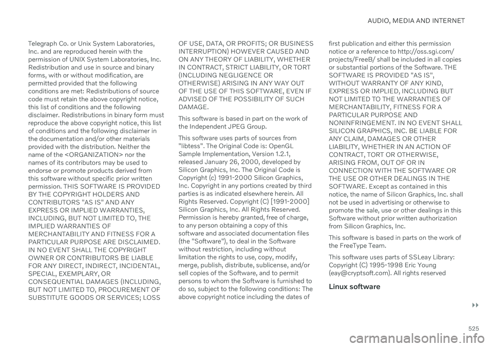 VOLVO V90 CROSS COUNTRY 2021 Owners Manual AUDIO, MEDIA AND INTERNET
}}
525
Telegraph Co. or Unix System Laboratories, Inc. and are reproduced herein with thepermission of UNIX System Laboratories, Inc.Redistribution and use in source and bina VOLVO V90 CROSS COUNTRY 2021 Owners Manual AUDIO, MEDIA AND INTERNET
}}
525
Telegraph Co. or Unix System Laboratories, Inc. and are reproduced herein with thepermission of UNIX System Laboratories, Inc.Redistribution and use in source and bina