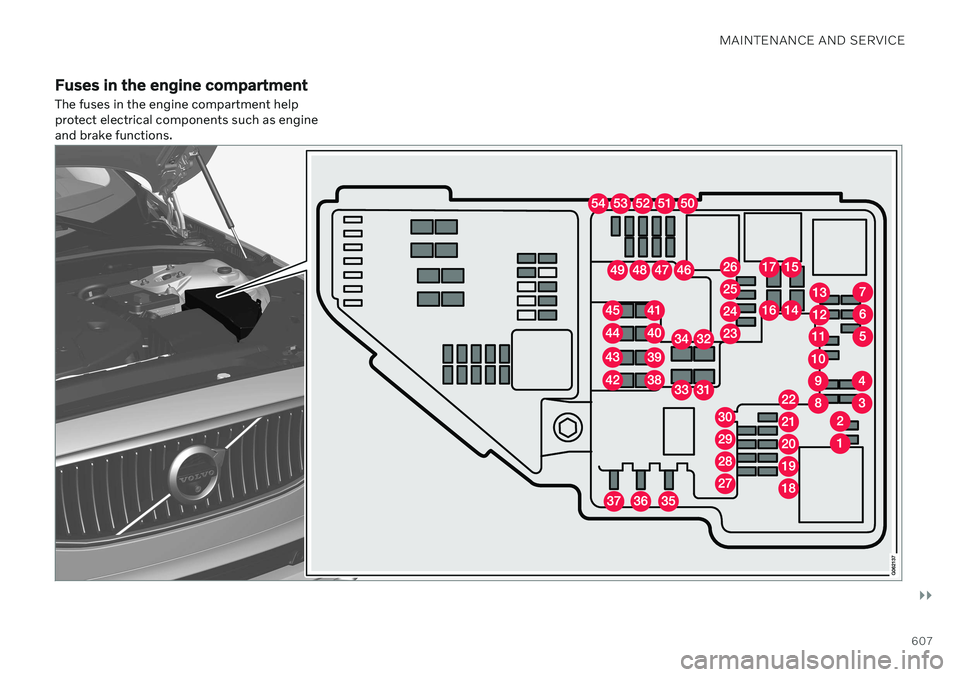 VOLVO V90 CROSS COUNTRY 2021  Owners Manual MAINTENANCE AND SERVICE
}}
607
Fuses in the engine compartment The fuses in the engine compartment help protect electrical components such as engineand brake functions.  