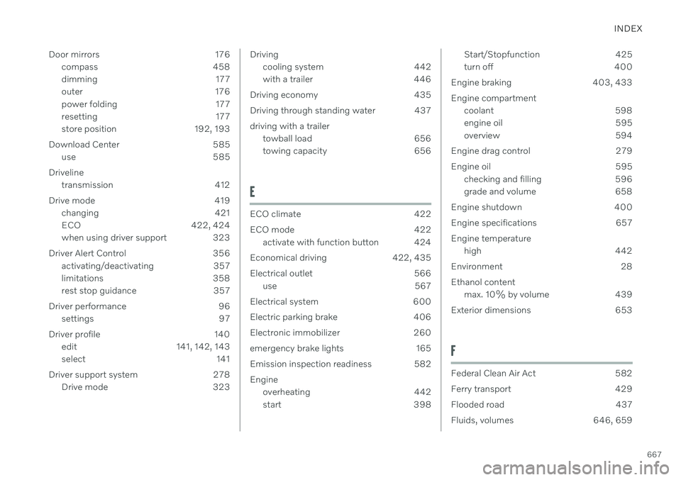 VOLVO V90 CROSS COUNTRY 2021  Owners Manual INDEX
667
Door mirrors 176
compass 458 
dimming 177
outer 176
power folding 177
resetting 177
store position 192, 193
Download Center 585 use 585
Driveline transmission 412
Drive mode 419 changing 421