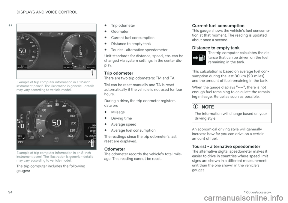 VOLVO V90 CROSS COUNTRY 2021  Owners Manual ||
DISPLAYS AND VOICE CONTROL
* Option/accessory.
94
Example of trip computer information in a 12-inch instrument panel *. The illustration is generic - details
may vary according to vehicle model.
Ex
