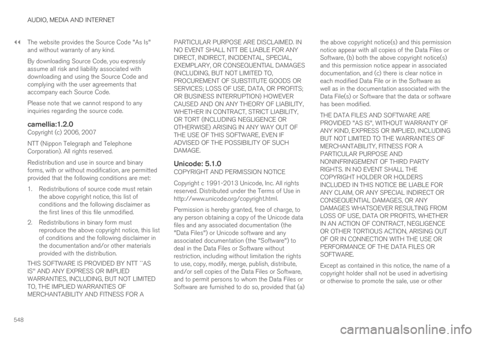 VOLVO XC60 TWIN ENGINE 2019  Owners Manual ||
AUDIO, MEDIA AND INTERNET
548
The website provides the Source Code "As Is"and without warranty of any kind.
By downloading Source Code, you expresslyassume all risk and liability associated