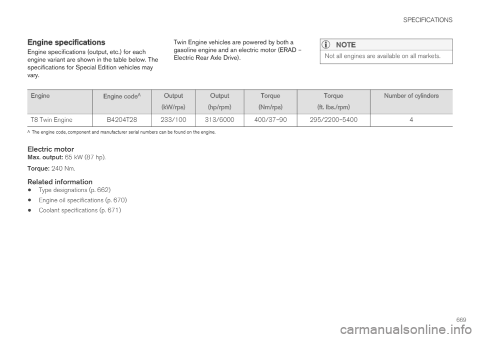 VOLVO XC60 TWIN ENGINE 2019  Owners Manual SPECIFICATIONS
669
Engine specifications
Engine specifications (output, etc.) for eachengine variant are shown in the table below. Thespecifications for Special Edition vehicles mayvary.
Twin Engine v