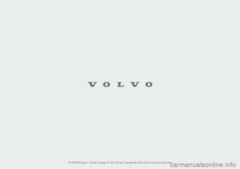 VOLVO XC60 TWIN ENGINE 2020  Owners Manual  TP 28799 (English - USA & Canada), AT 1917, MY20, Copyright © 2000-2019 Volvo Car Corporation                                                                                       
