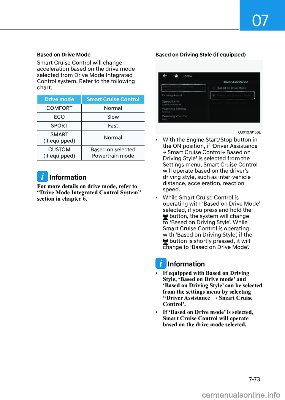 GENESIS G80 2021 Owners Manual 07
7-7 3
Based on Drive Mode
Smart Cruise Control will change
acceleration based on the drive mode
selected from Drive Mode Integrated
Control system. Refer to the following
chart.
Drive modeSmar GENESIS G80 2021 Owners Manual 07
7-7 3
Based on Drive Mode
Smart Cruise Control will change
acceleration based on the drive mode
selected from Drive Mode Integrated
Control system. Refer to the following
chart.
Drive modeSmar