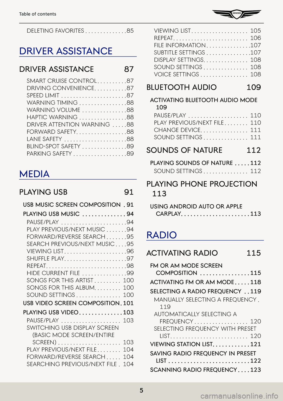 GENESIS G80 2021 Premium Navigation Manual 5
Table of contents
deleting FaVoRites . . . . . . . . . . . . . .85
driVer a ssisTance
driVer a ssisTance 87
sMaRt CRuise ContRol . . . . . . . . . .87
dRiVing ConVenienCe . . . . . . . . . . .87 GENESIS G80 2021 Premium Navigation Manual 5
Table of contents
deleting FaVoRites . . . . . . . . . . . . . .85
driVer a ssisTance
driVer a ssisTance 87
sMaRt CRuise ContRol . . . . . . . . . .87
dRiVing ConVenienCe . . . . . . . . . . .87