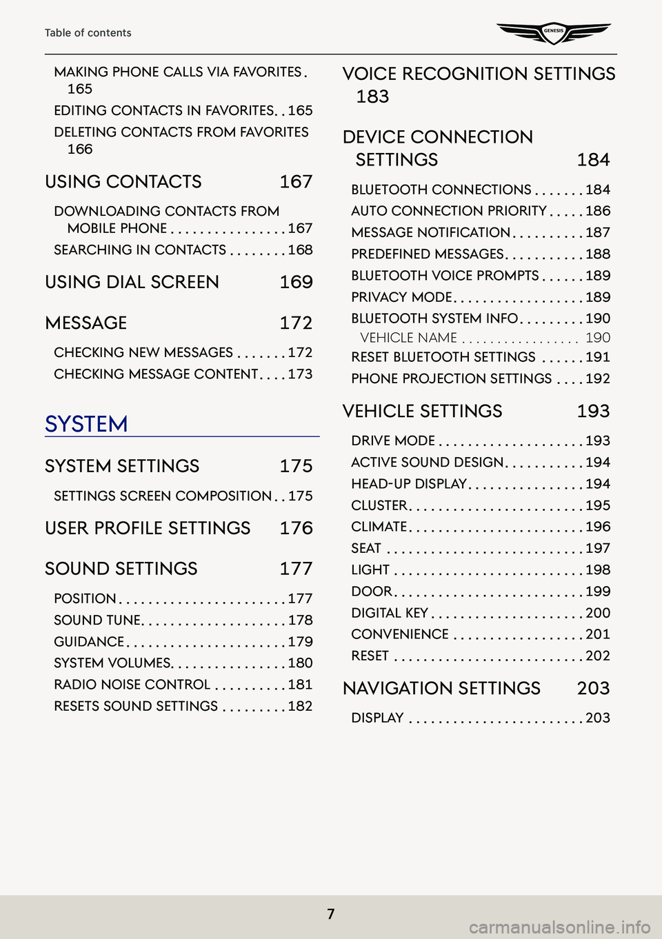 GENESIS G80 2021 Premium Navigation Manual 7
Table of contents
maKing phone calls Via faV oriTes .
165
ediTing conT acTs in f aV oriTes . .165
deleTing conT acTs from f aV oriTes
166
using conT acTs 167
downloading conT acTs from
mobile p GENESIS G80 2021 Premium Navigation Manual 7
Table of contents
maKing phone calls Via faV oriTes .
165
ediTing conT acTs in f aV oriTes . .165
deleTing conT acTs from f aV oriTes
166
using conT acTs 167
downloading conT acTs from
mobile p