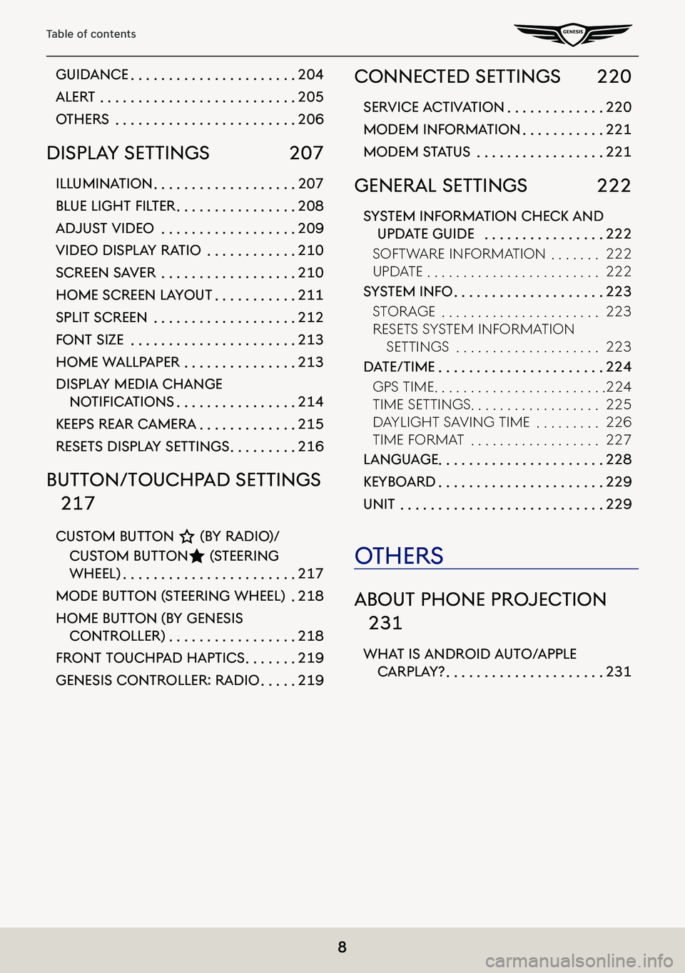 GENESIS G80 2021 Premium Navigation Manual 8
Table of contents
guidance . . . . . . . . . . . . . . . . . . . . . .204
alerT . . . . . . . . . . . . . . . . . . . . . . . . . .205
oThers . . . . . . . . . . . . . . . . . . . . . . . .206
di GENESIS G80 2021 Premium Navigation Manual 8
Table of contents
guidance . . . . . . . . . . . . . . . . . . . . . .204
alerT . . . . . . . . . . . . . . . . . . . . . . . . . .205
oThers . . . . . . . . . . . . . . . . . . . . . . . .206
di