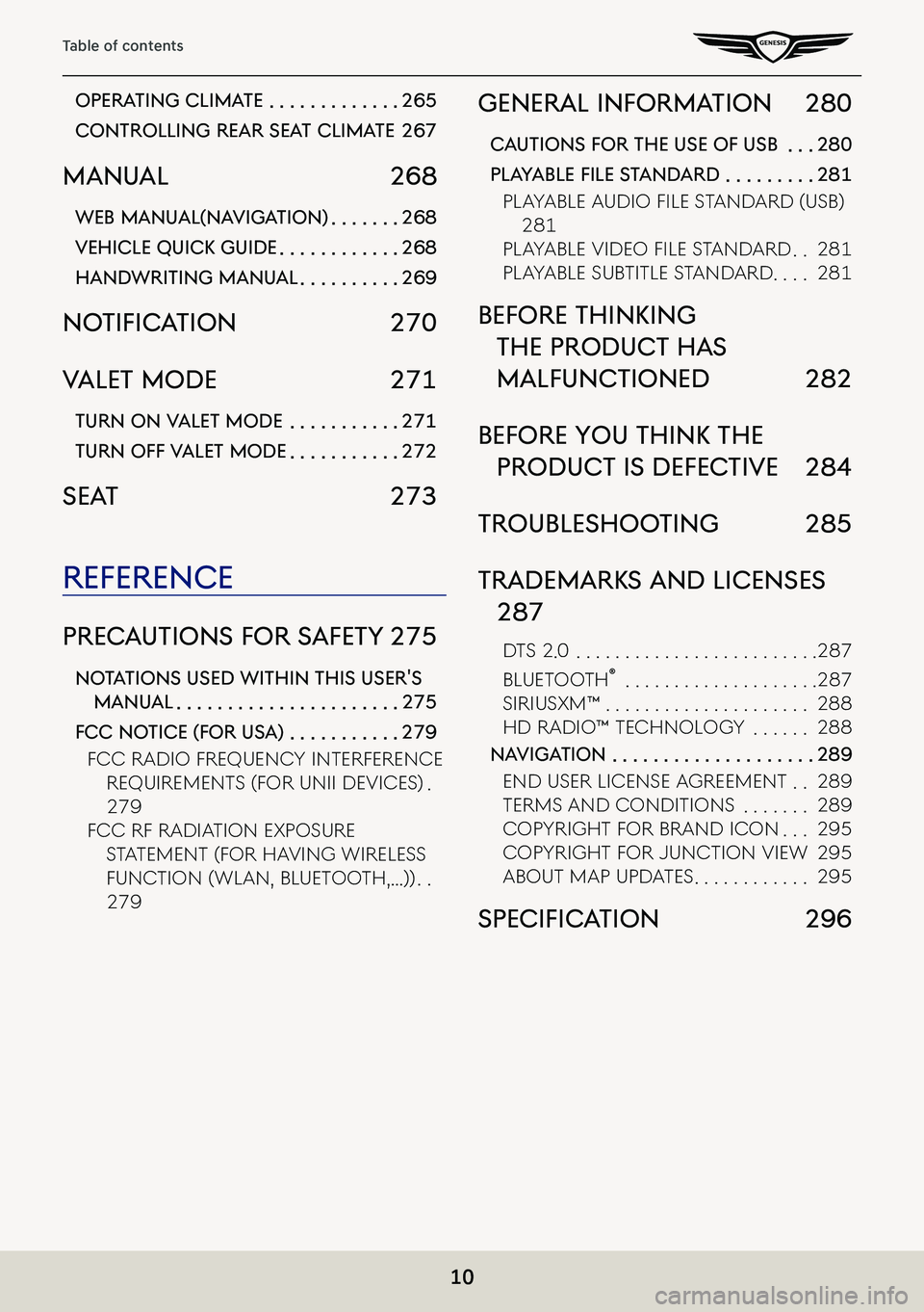 GENESIS G80 2021  Premium Navigation Manual 10
Table of contents
operaTing clima Te  . . . . . . . . . . . . .265
conTrolling rear sea T climaTe 267
manual 268
web manual(na VigaTion)  . . . . . . .268
Vehicle quicK guide  . . . . . . . . . . .