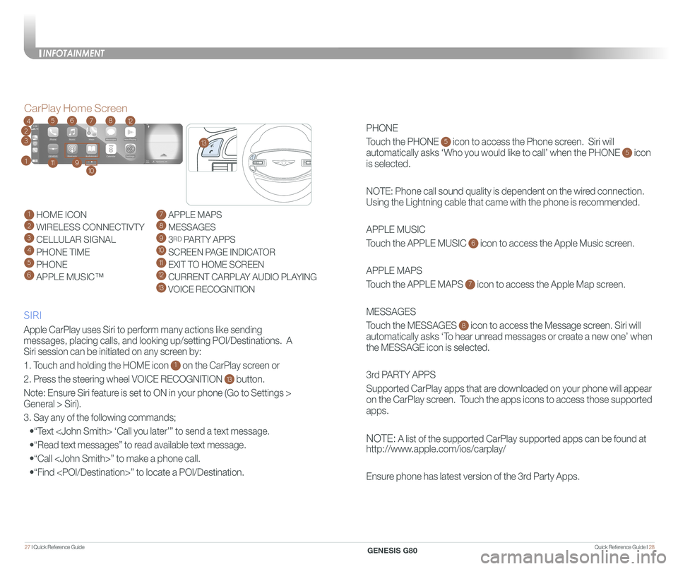 GENESIS G80 2021 Quick Reference Guide Quick Reference Guide I 2827 I Quick Reference Guide
PHONE
Touch the PHONE 5 icon to access the Phone screen. Siri will
automatically asks ‘Who you would like to call’ when the PHONE 5 icon
i GENESIS G80 2021 Quick Reference Guide Quick Reference Guide I 2827 I Quick Reference Guide
PHONE
Touch the PHONE 5 icon to access the Phone screen. Siri will
automatically asks ‘Who you would like to call’ when the PHONE 5 icon
i