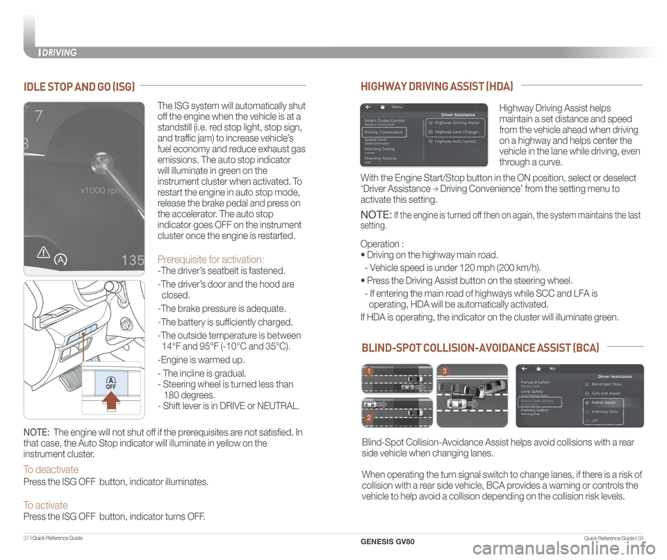 GENESIS GV80 2021 Quick Reference Guide Quick Reference Guide I 3837 I Quick Reference Guide
BLIND-SPOT COLLISION-AVOIDANCE ASSIST (BCA)
Blind-Spot Collision-Avoidance Assist helps avoid collisions with a rear
side vehicle when changing GENESIS GV80 2021 Quick Reference Guide Quick Reference Guide I 3837 I Quick Reference Guide
BLIND-SPOT COLLISION-AVOIDANCE ASSIST (BCA)
Blind-Spot Collision-Avoidance Assist helps avoid collisions with a rear
side vehicle when changing