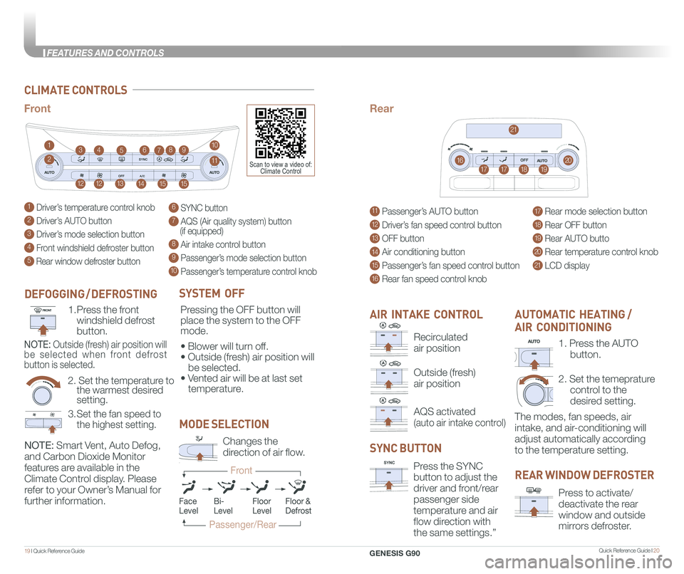 GENESIS G90 2021 Quick Reference Guide Quick Reference Guide I 2019 I Quick Reference Guide
CLIMATE CONTROLS
1 Driver’s temperature control knob
2 Driver’s AUTO button
3 Driver’s mode selection button
4 Front windshield defroster b GENESIS G90 2021 Quick Reference Guide Quick Reference Guide I 2019 I Quick Reference Guide
CLIMATE CONTROLS
1 Driver’s temperature control knob
2 Driver’s AUTO button
3 Driver’s mode selection button
4 Front windshield defroster b